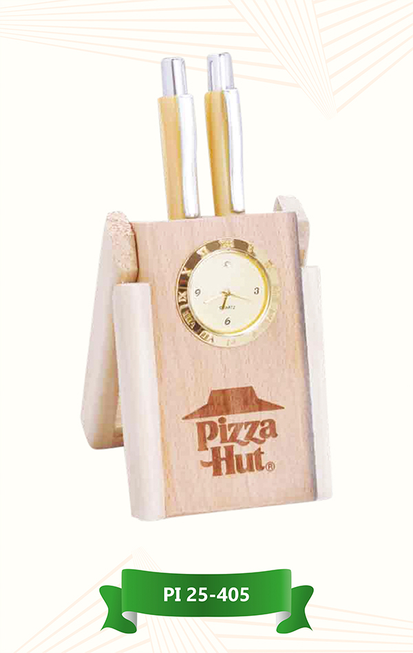Premium Wooden Pen Stand with Clock Set