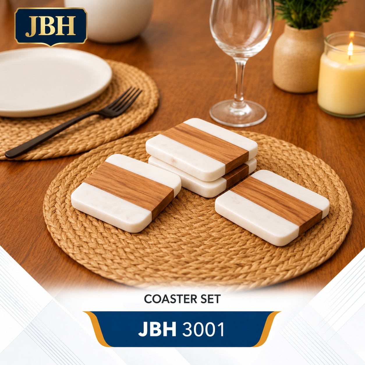 JBH 3001 Marble & Wood Coaster Set